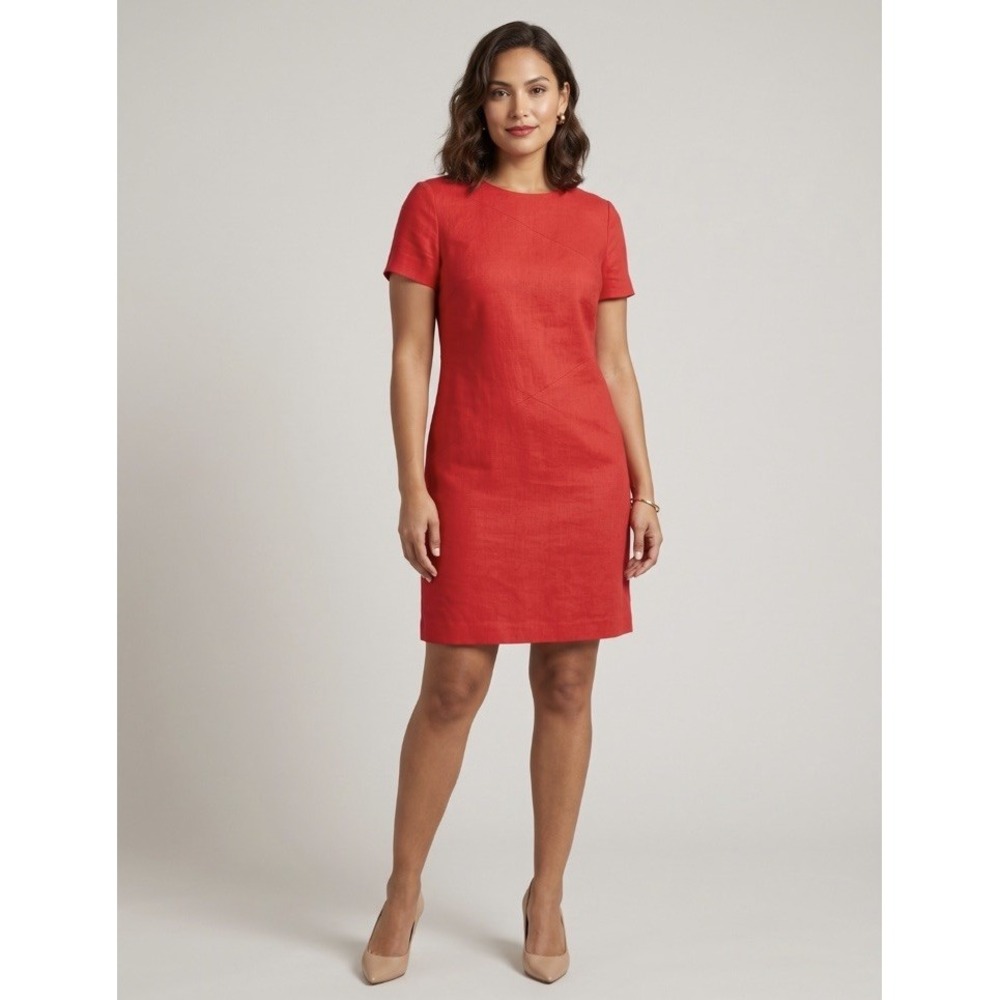 VTG K.G. Studio NY 100% Linen Red Short Sleeve Lined Knee Length Sheath Dress